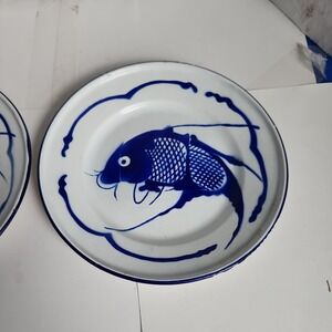 Enamelware Koi Cat Fish Plate (2) 8.5" Vintage Bright Colors Flaw on 1